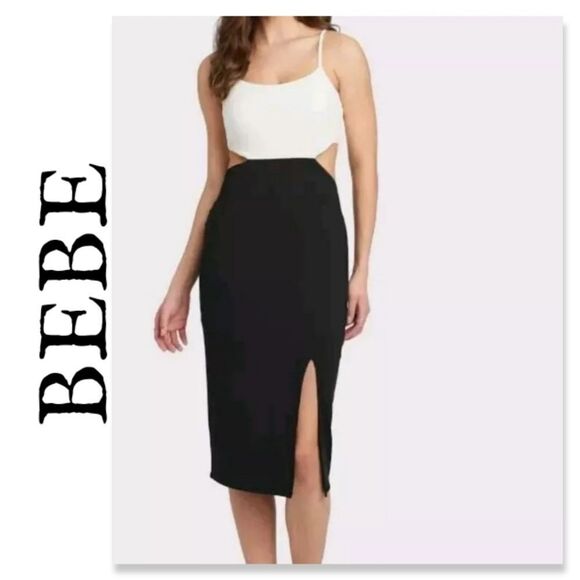 NWT Bebe Side Cut Out Midi Slit Dress - Black And White - Picture 1 of 9